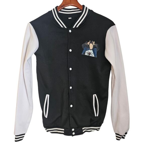 Black & White Varsity Bomber Jacket-Stranger Things/Eddie/Hellfire Club - Picture 2 of 7